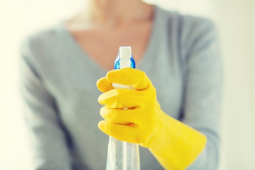 Cleaning chemicals and equipment arranged safely for use